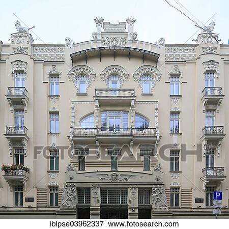 "Art Nouveau facade of the house Alberta iela 4 or Albert Street 4, Lyebedinskiy apartment house, architect Mikhail Eisenstein, Riga, Latvia, Europe" View Large Photo Image Stock Photo - "Art Nouveau facade of the house Alberta iela 4 or Albert Street 4, Lyebedinskiy apartment house, architect Mikhail Eisenstein, Riga, Latvia, Europe". Fotosearch