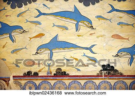 "Arthur Evans reconstruction of the Dolphin Frescoes, Knossos, Minoan archaeological site, Crete, Greece, Europe" View Large Photo Image Stock Photo - "Arthur Evans reconstruction of the Dolphin Frescoes, Knossos, Minoan archaeological site, Crete, Greece, Europe". Fotosearch
