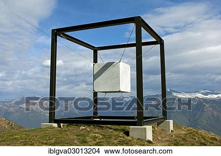 Picture - "Artwork """"Suspended Cube"""" by the sculptress Jaya Schuerch, cultur route on Monte Tamaro, Monte Tamaro, Kanton Tessin, Switzerland, Europe". Fotosearch