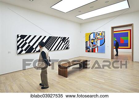 Stock Photography - "Artworks by Gunter Fruhtrunk, """"Durchlaufe"""", 1973-76, Sarah Morris, """"Beijing 2006"""", Sol Lewitt, """"Wall Drawing"""", Stadtische Galerie, gallery, of Lenbachhaus, Munich, Upper Bavaria, Bavaria, Germany, Europe". Fotosearch