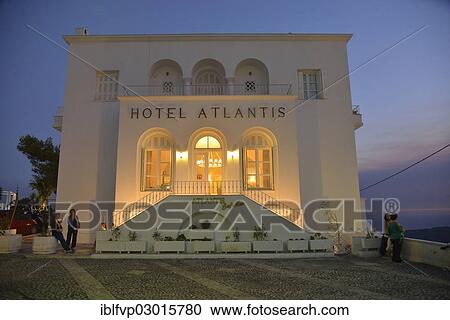 Stock Image - "Atlantis Hotel at dusk, Fira, Thira, Santorin, Cyclades, Greece, Europe". Fotosearch