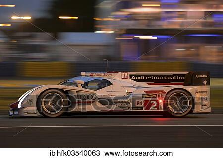 Stock Image - "Audi No. 2, drivers Allan McNish, UK, Loic Duval, France, and Tom Kristensen, Denmark, qualifying run for the 24 hours of Le Mans, Circuit de la Sarthe, Le Mans, Pays de la Loire, France, Europe". Fotosearch