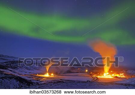 "Aurora and geothermal power plant on Krafla Mountain, Northeastern Region, Iceland, Europe" View Large Photo Image Stock Photo - "Aurora and geothermal power plant on Krafla Mountain, Northeastern Region, Iceland, Europe". Fotosearch
