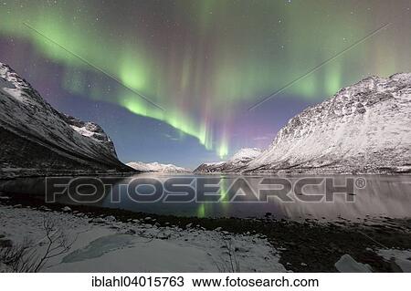 Stock Image - "Aurora over the Grotfjord, Tromso, Troms, Norway, Europe". Fotosearch
