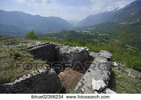 Picture - "Austrian fort of World War I, view of the Soca valley, looking towards Bovec, Slovenia, Europe". Fotosearch