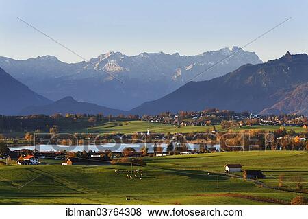 Stock Photo - "Autumn morning in the foothills of the Alps, view from Mt Aidlinger Hoehe across Riegsee Lake, Froschhausen, Murnau and the Wetterstein Range with Mt Zugspitze, Aidling, Riegsee, Pfaffenwinkel region, Upper Bavaria, Bavaria, Germany, Europe". Fotosearch