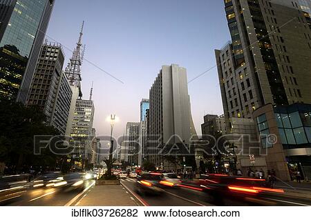 Stock Image - "Avenida Paulista at night, CBD, financial centre, Bela Vista, Sao Jorge, Sao Paulo, Brazil, South America". Fotosearch