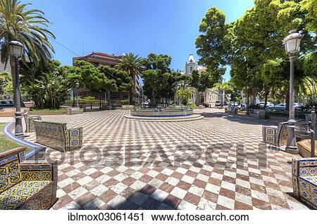 Stock Image - "Azulejos benches on Plaza de los Patos square and Plaza 25 de Julio, Santa Cruz de Tenerife, Tenerife, Canary Islands, Spain, Europe". Fotosearch