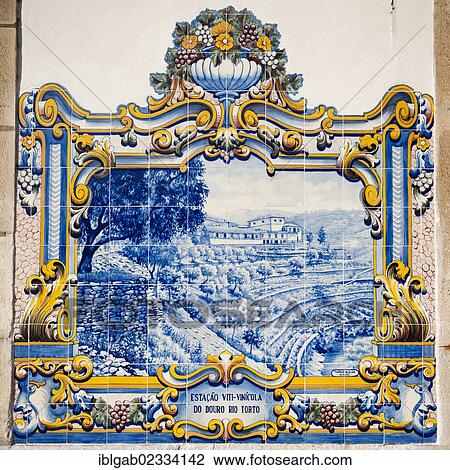 Stock Image - "Azulejos on the wall of Pinhao railway station, Tras-Os-Montes, Portugal, Europe". Fotosearch