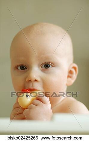 Stock Photograph - Baby with a rubber duck in his mouth. Fotosearch