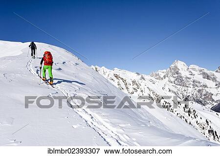 Stock Photo - "Backcountry skiers climbing Seeberspitz mountain in the Pflerschtal valley, Tribulaun mountain at the back, province of Bolzano-Bozen, Italy, Europe". Fotosearch