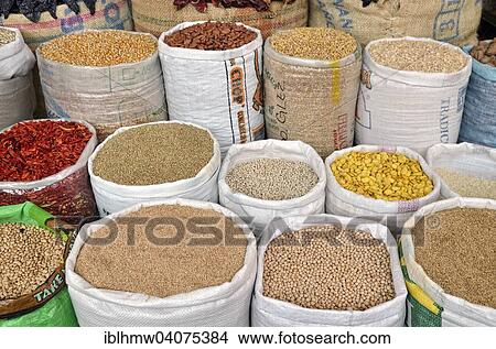 Picture - "Bags with pulses and chilis, market, Coatepec, Veracruz State, Mexico, North America". Fotosearch