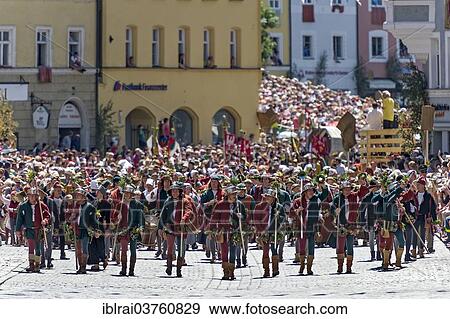 "Bailiffs at the front of the wedding procession in medieval costumes to celebrate """"Landshut Wedding 1475"""", historic center, Landshut, Lower Bavaria, Bavaria, Germany, Europe" View Large Photo Image Stock Photo - "Bailiffs at the front of the wedding procession in medieval costumes to celebrate """"Landshut Wedding 1475"""", historic center, Landshut, Lower Bavaria, Bavaria, Germany, Europe". Fotosearch