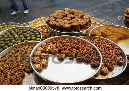 Stock Photo - "Baklava and other Turkish sweets in the shop window of Hafiz Mustafa, Istanbul, Turkey, Europe, Istanbul, Istanbul Province, Turkey, Asia". Fotosearch