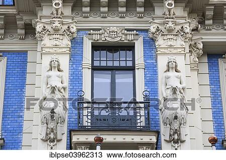 "Balcony and female statues, Art Nouveau facade of the house Strelnieku iela 12, architect Mikhail Eisenstein, Riga, Latvia, Europe" View Large Photo Image Stock Image - "Balcony and female statues, Art Nouveau facade of the house Strelnieku iela 12, architect Mikhail Eisenstein, Riga, Latvia, Europe". Fotosearch