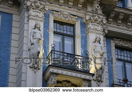 "Balcony and female statues, Art Nouveau facade of the house Strelnieku iela 12, architect Mikhail Eisenstein, Riga, Latvia, Europe" View Large Photo Image Stock Photo - "Balcony and female statues, Art Nouveau facade of the house Strelnieku iela 12, architect Mikhail Eisenstein, Riga, Latvia, Europe". Fotosearch