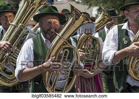 Stock Image - "Band at the Oberlandler Gauverband costume parade, Fischbachau, Upper Bavaria, Bavaria, Germany, Europe". Fotosearch
