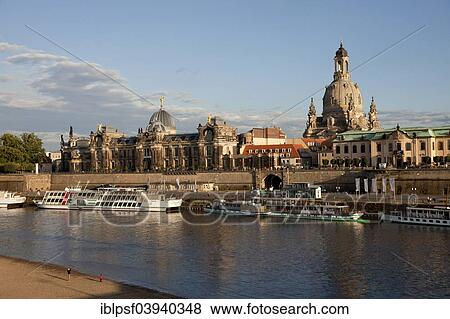 Stock Photo - "Banks of the Elbe River with Bruhl's Terrace, Dresden Academy of Fine Arts, Frauenkirche Church, Church of our Lady, and excursion boats, Dresden, Saxony, Germany, Europe". Fotosearch