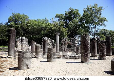 Stock Image - "Baptistery from the 6th century in the ruins of the ancient city of Butrint, UNESCO World Cultural Heritage Site, Butrint, near Saranda, Vlore County, Albania, Europe". Fotosearch