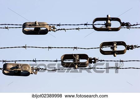 Barbed wire on a fence with clamps View Large Photo Image Stock Photo - Barbed wire on a fence with clamps. Fotosearch