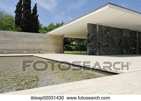 Stock Image - "Barcelona Pavilion, reconstructed German Pavilion for the 1929 Barcelona International Exposition, by architect Ludwig Mies van der Rohe, Montjuic, Barcelona, Catalonia, Spain, Europe". Fotosearch