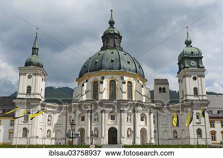 Stock Photo - "Baroque main facade with entrance, Ettal Abbey, Garmisch-Partenkirchen, Upper Bavaria, Bavaria, Germany, Europe". Fotosearch