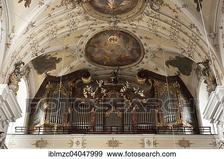 Stock Photo - "Baroque organ loft of the baroque Church of St. Mang, 1697-1717, Stadtamhof, Regensburg, Upper Palatinate, Bavaria, Germany, Europe". Fotosearch