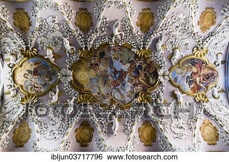 Stock Photograph - "Baroque stucco ceiling with cherubs, angels and frescoes in the sacristy, Church of San Michele, Stampace, Cagliari, Sardinia, Italy, Europe". Fotosearch