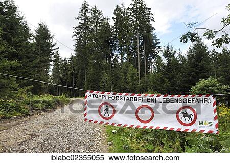 "Barrier, warning of forestry work in the forest near Wenger-Egg-Alpe, alp, Allgaeu region, Bavaria, Germany, Europe" View Large Photo Image Stock Photography - "Barrier, warning of forestry work in the forest near Wenger-Egg-Alpe, alp, Allgaeu region, Bavaria, Germany, Europe". Fotosearch