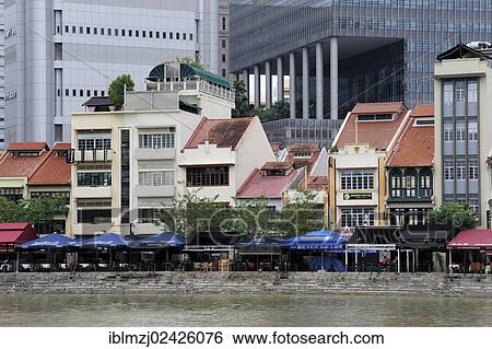 Stock Photograph - "Bars and restaurants at Boat Quay, Singapore River, Financial District, Central Area, Central Business District, Singapore, Asia". Fotosearch