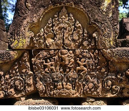 Stock Image - "Bas-relief in Banteay Srei Temple, Angkor, Siem Reap, Siem Reap Province, Cambodia, Asia". Fotosearch