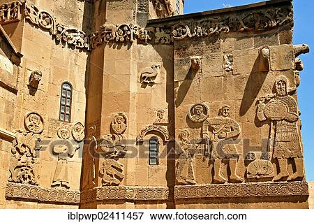 Stock Photo - "Bas relief sculptures with scenes from the Bible on the outside of the 10th century Armenian Orthodox cathedral of the Holy Cross on Akdamar Island, Lake Van, Turkey, Asia". Fotosearch