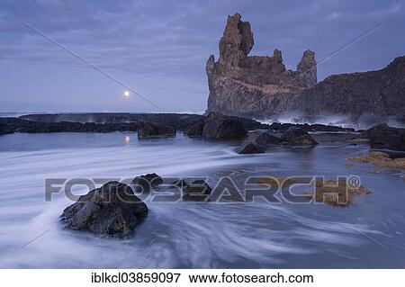 "Basalt rocks of Londrangar, moonrise, Malarrif, Snaefellsnes, Iceland, Europe" View Large Photo Image Stock Photo - "Basalt rocks of Londrangar, moonrise, Malarrif, Snaefellsnes, Iceland, Europe". Fotosearch