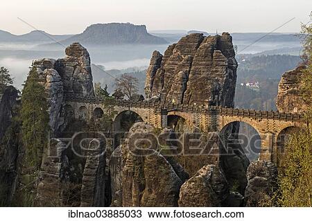 Stock Image - "Bastei Bridge, Elbe Sandstone Mountains, Saxon Switzerland National Park, Saxony, Germany, Europe". Fotosearch