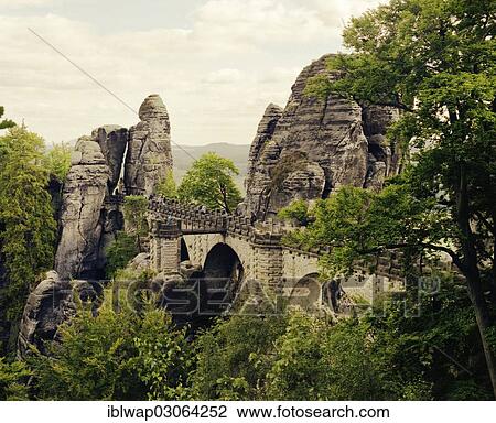 Stock Image - "Bastei rock formation, Saxon Switzerland National Park, Saxon Switzerland region, Saxony, Germany, Europe". Fotosearch