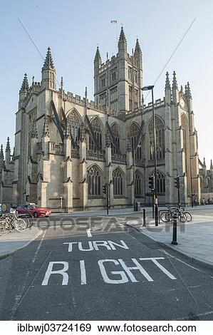 "Bath Abbey, """"turn right"""" road marking at the front, Bath, England, United Kingdom, Europe" View Large Photo Image Stock Photo - "Bath Abbey, """"turn right"""" road marking at the front, Bath, England, United Kingdom, Europe". Fotosearch
