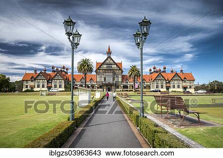 "Bathhouse in the Government Gardens, Rotorua Museum of Art and History, lanterns in front, Rotorua, North Island, New Zealand, Oceania" View Large Photo Image Stock Image - "Bathhouse in the Government Gardens, Rotorua Museum of Art and History, lanterns in front, Rotorua, North Island, New Zealand, Oceania". Fotosearch