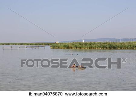 Stock Image - "Bathing bay on Lake Neusiedl in Breitenbrunn, Northern Burgenland, Burgenland, Austria, Europe". Fotosearch