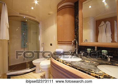 "Bathroom of the master cabin, Leonardo II, a cruiser built by Azimut, type of boat: Leonardo 98, length: 30. 15 m, built in 2004, French Riviera, France, Mediterranean Sea, Europe" View Large Photo Image Stock Image - "Bathroom of the master cabin, Leonardo II, a cruiser built by Azimut, type of boat: Leonardo 98, length: 30. 15 m, built in 2004, French Riviera, France, Mediterranean Sea, Europe". Fotosearch
