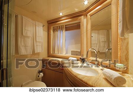 "Bathroom of the VIP cabin, Leonardo II, a cruiser built by Azimut, type of boat: Leonardo 98, length: 30. 15 m, built in 2004, French Riviera, France, Mediterranean Sea, Europe" View Large Photo Image Stock Photo - "Bathroom of the VIP cabin, Leonardo II, a cruiser built by Azimut, type of boat: Leonardo 98, length: 30. 15 m, built in 2004, French Riviera, France, Mediterranean Sea, Europe". Fotosearch