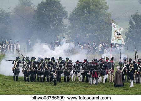 Stock Photo - "Battle of Jena in 1806, historic battlefield, battle re-enactment, Prussian troops, Jena, Thuringia, Germany, Europe". Fotosearch