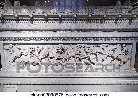 Stock Photograph - "Battle relief on the Alexander Sarcophagus, Istanbul Archaeology Museum, Sarayburnu, Istanbul, European side, Istanbul Province, Turkey, European side, Europe". Fotosearch