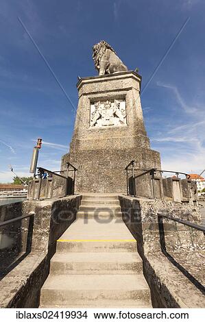 Picture - Bavarian Lion at the harbour entrance of the port of Lindau, Lindau, Bavaria, Germany, Europe, PublicGround, Europe. Fotosearch