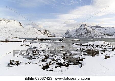 "Bay in a wintery fjord landscape, Moskenesoy, Lofoten, Nordland, Northern Norway, Norway, Europe" View Large Photo Image Stock Image - "Bay in a wintery fjord landscape, Moskenesoy, Lofoten, Nordland, Northern Norway, Norway, Europe". Fotosearch