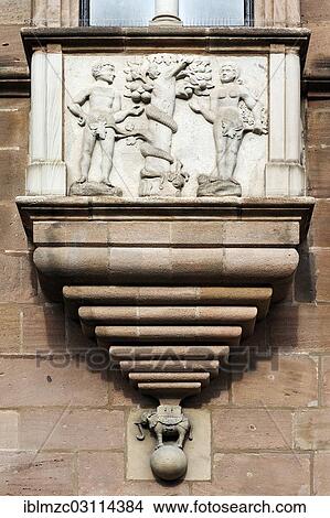 Picture - "Bay window with a relief of the Fall of Man, on the facade of Tucher Mansion, built 1533-1544, Hirschelgasse 9-11, Nuremberg, Middle Franconia, Bavaria, Germany, Europe". Fotosearch