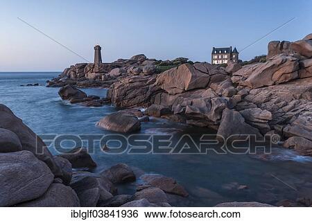 Stock Photograph - "Bay with house and lighthouse, Cote de Granit Rose, Ploumanach, Ploumanacâ€™h, Brittany, France, Europe". Fotosearch