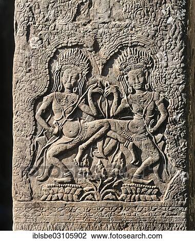 Stock Image - "Bayon temple, apsaras, dancers, wall relief, Angkor Thom, Siem Reap Province, Cambodia, Asia". Fotosearch