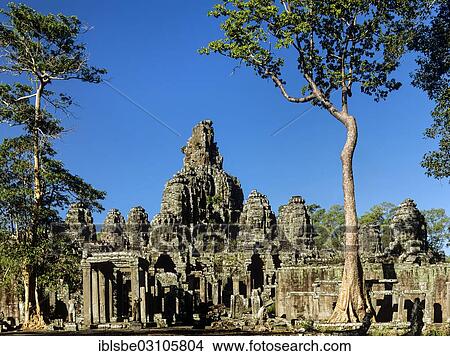 Picture - "Bayon temple, face towers, eastern entrance, temple complex, Angkor Thom, Siem Reap Province, Cambodia, Asia". Fotosearch