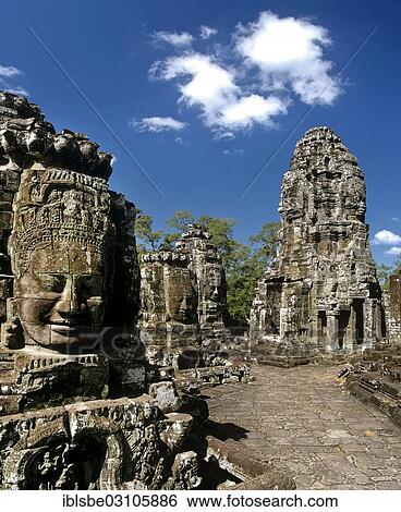 Stock Photograph - "Bayon temple, Second Terrace, face towers, smiling faces of Bodhisattva Lokeshvara, Avalokiteshvara, Angkor Thom, Siem Reap Province, Cambodia, Asia". Fotosearch