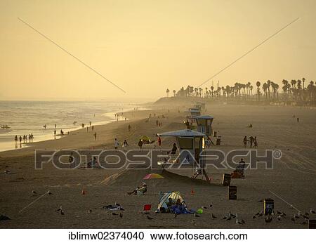 Stock Image - "Baywatch station, sunset, beach of Huntington Beach, California, United States of America, USA". Fotosearch
